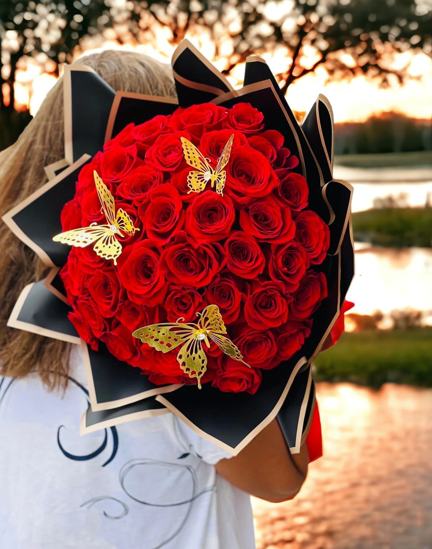 24 Red Roses Bouquet with Butterfly Charm"( FGB397)